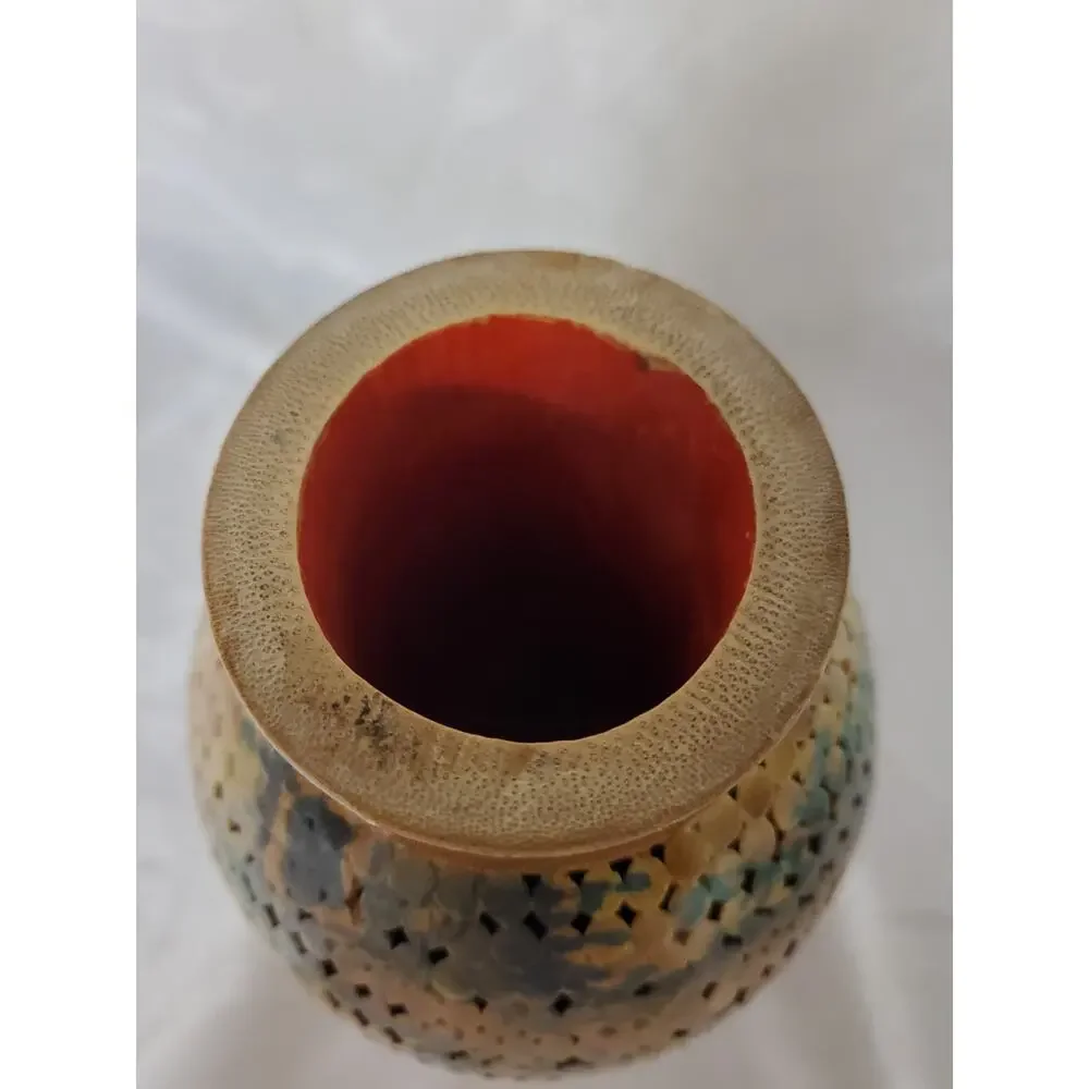 Vintage Chinese Porcelain Crane Vase Covered Intricately Woven Bamboo Rattan